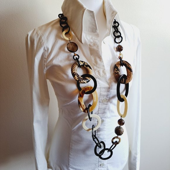 Amle Jewelry - AMLE Italian Python Snakeskin Long Chain Horn Necklace